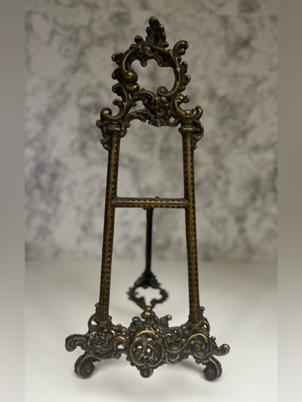 Large 16” Vintage Solid Brass Easel Ornate Victorian Rococo Style Display Stand
